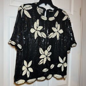 Stenay Sequined & Beaded Floral Black & White Silk Blouse Vintage Size Large SS
